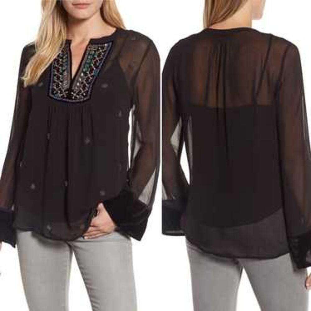 Velvet by Graham & Spencer Becky Georgette Blouse Womens S Black Beaded Velvet